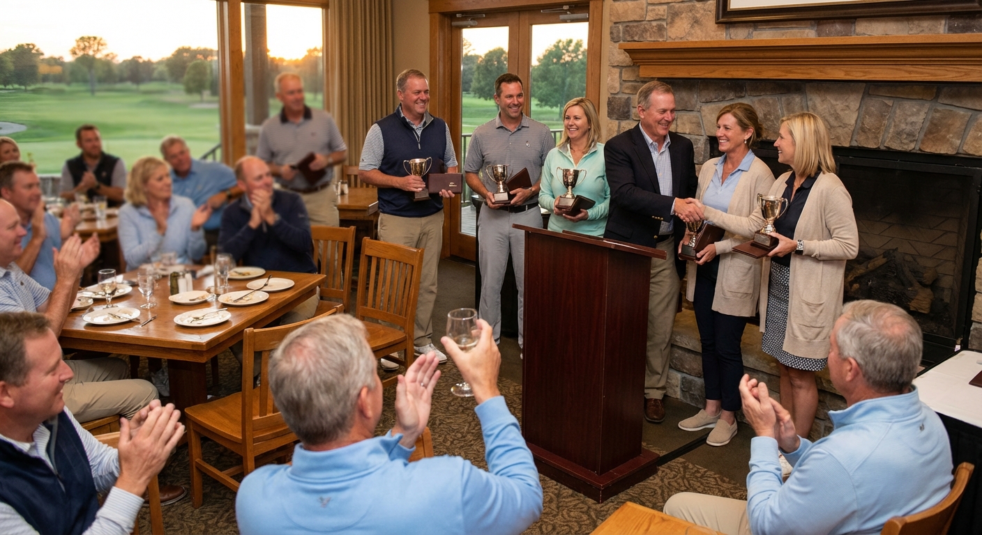 Siegerehrung nach einem Golfturnier in einem eleganten Clubhaus mit exklusiven Preisen