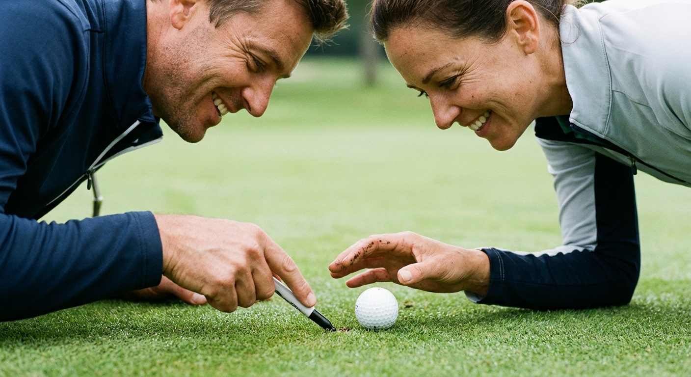 Photorealistische Nahaufnahme auf einem Putting-Grün mit zwei Golfern, die präzise Putts und Ballpositionierung üben