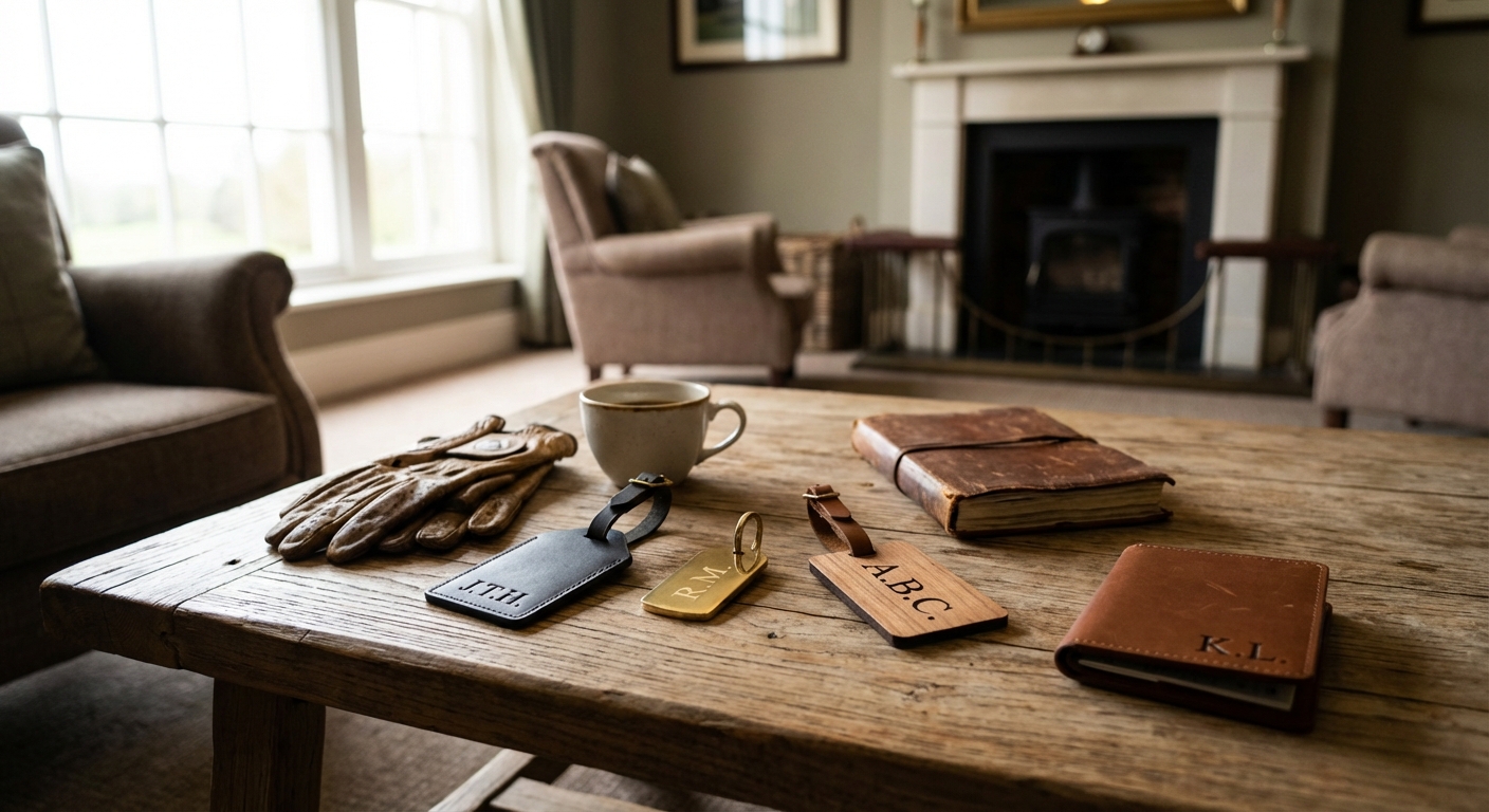 Lifestyle-Szene in einer Golfclub-Lounge mit arrangierten, personalisierten Golf-Accessoires aus Leder, Holz und Metall auf einem Tisch.