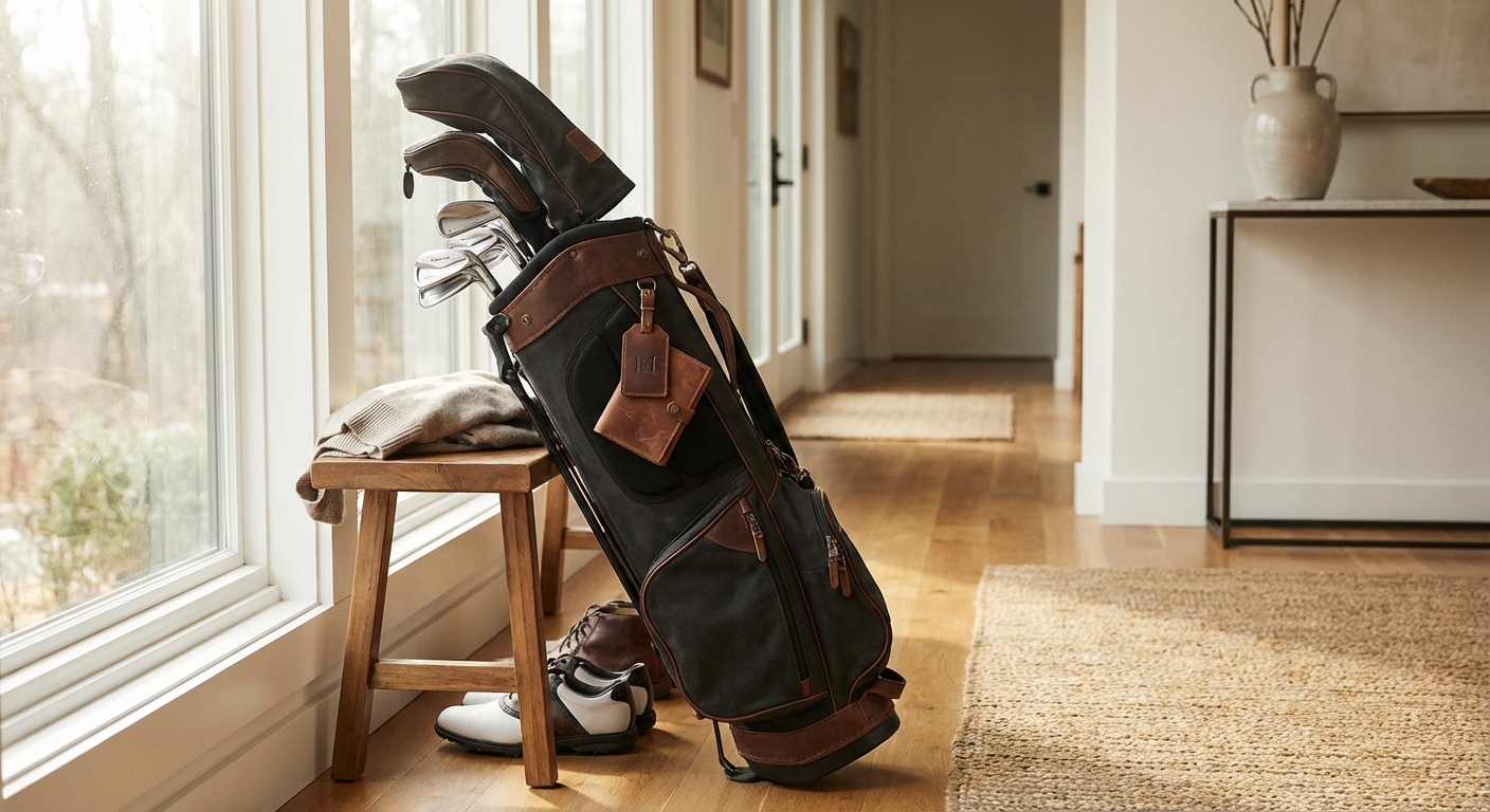 Ordentlich gepacktes Golfbag in einem Flur, bereit für die erste Golfrunde oder ein Turnier
